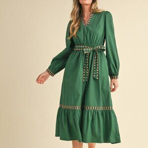 &Merci Hunter Green Boho Midi Dress Belted Long Sleeve M NWT